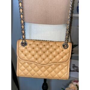 Rebecca Minkoff GUC Tan Nude Quilted Studded Chain Crossbody Purse Teal Liner